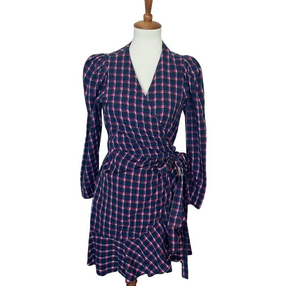 Tanya Taylor Plaid Mini Wrap Dress Blue Purple Size 4 Designer Romantic $475 - Picture 6 of 10